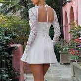 BXOXO Womens Elegant Lace Patchwork Long Sleeve Mini Dress Y2k Square Neck High Waist Backless Tie Up Slim Fit A-line Dress